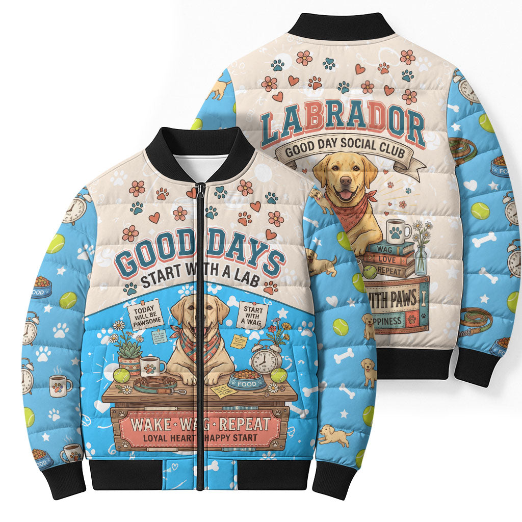 Labrador Good Days Start With A Lab Bomber Puffer Jacket Retro Cute Yellow Lab Paws And Tennis Balls