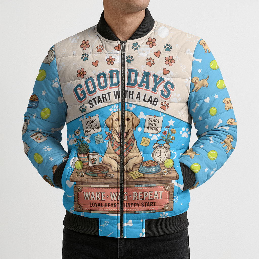 Labrador Good Days Start With A Lab Bomber Puffer Jacket Retro Cute Yellow Lab Paws And Tennis Balls