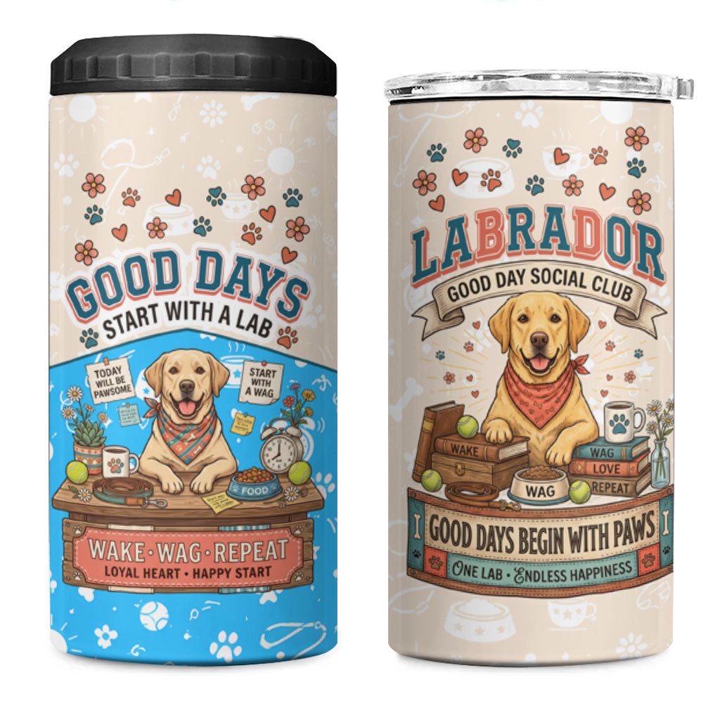 Labrador Good Days Start With A Lab 4 in 1 Can Cooler Tumbler Retro Cute Yellow Lab Paws And Tennis Balls