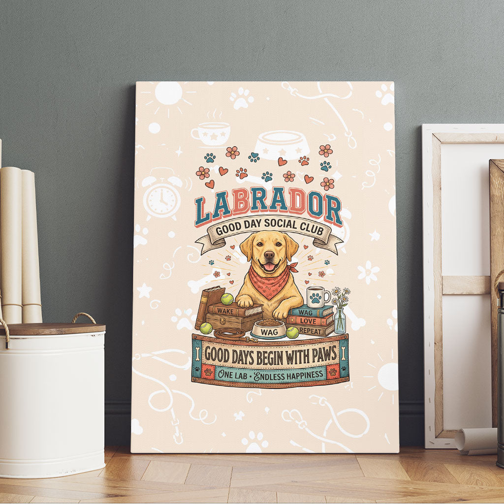 Labrador Good Days Start With A Lab Canvas Wall Art Retro Cute Yellow Lab Paws And Tennis Balls