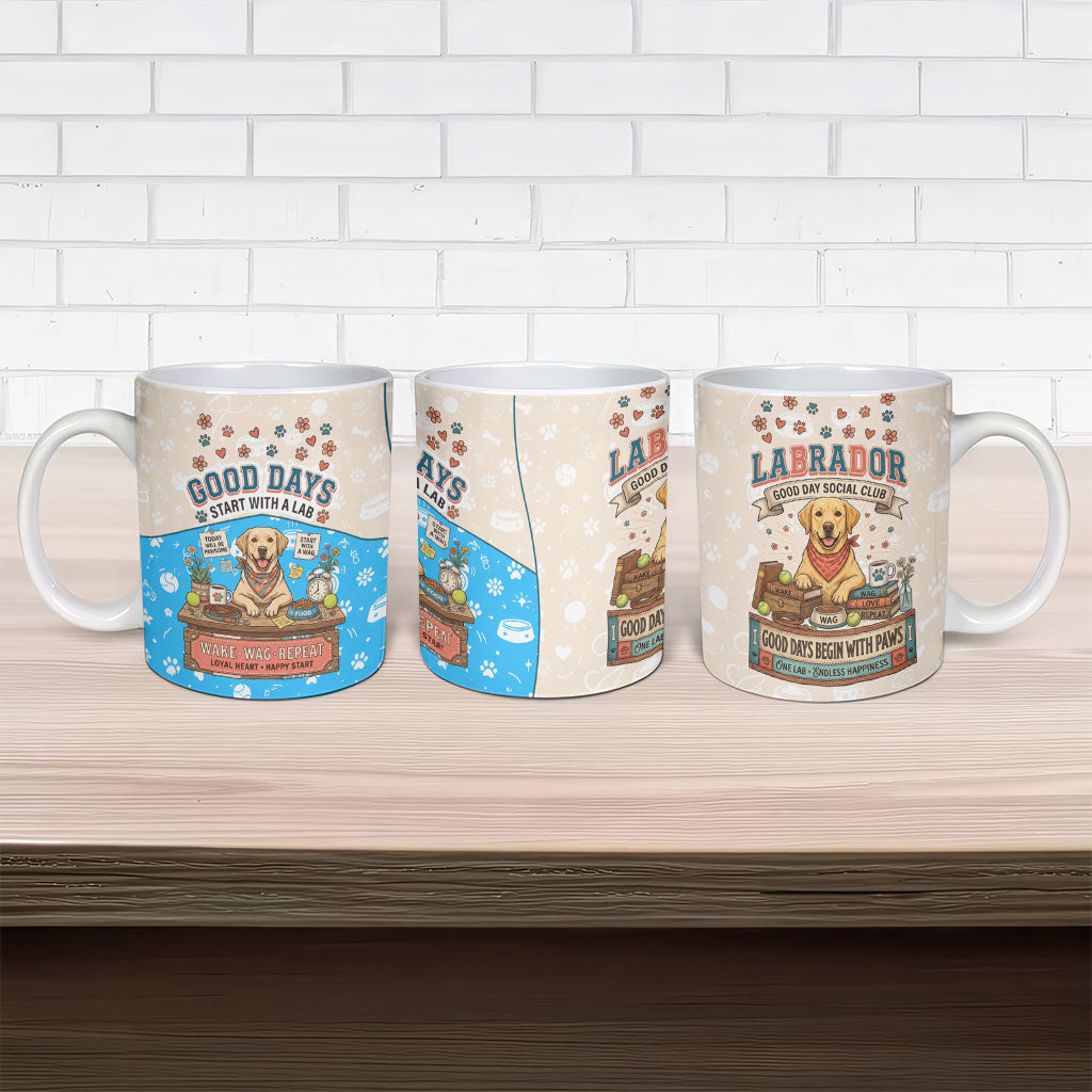 Labrador Good Days Start With A Lab Ceramic Mug Retro Cute Yellow Lab Paws And Tennis Balls