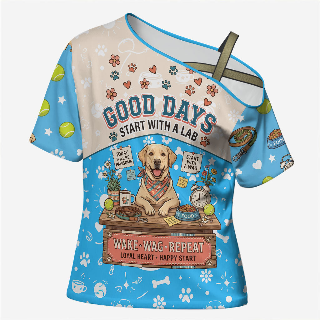 Labrador Good Days Start With A Lab Cross Shoulder Shirt Retro Cute Yellow Lab Paws And Tennis Balls