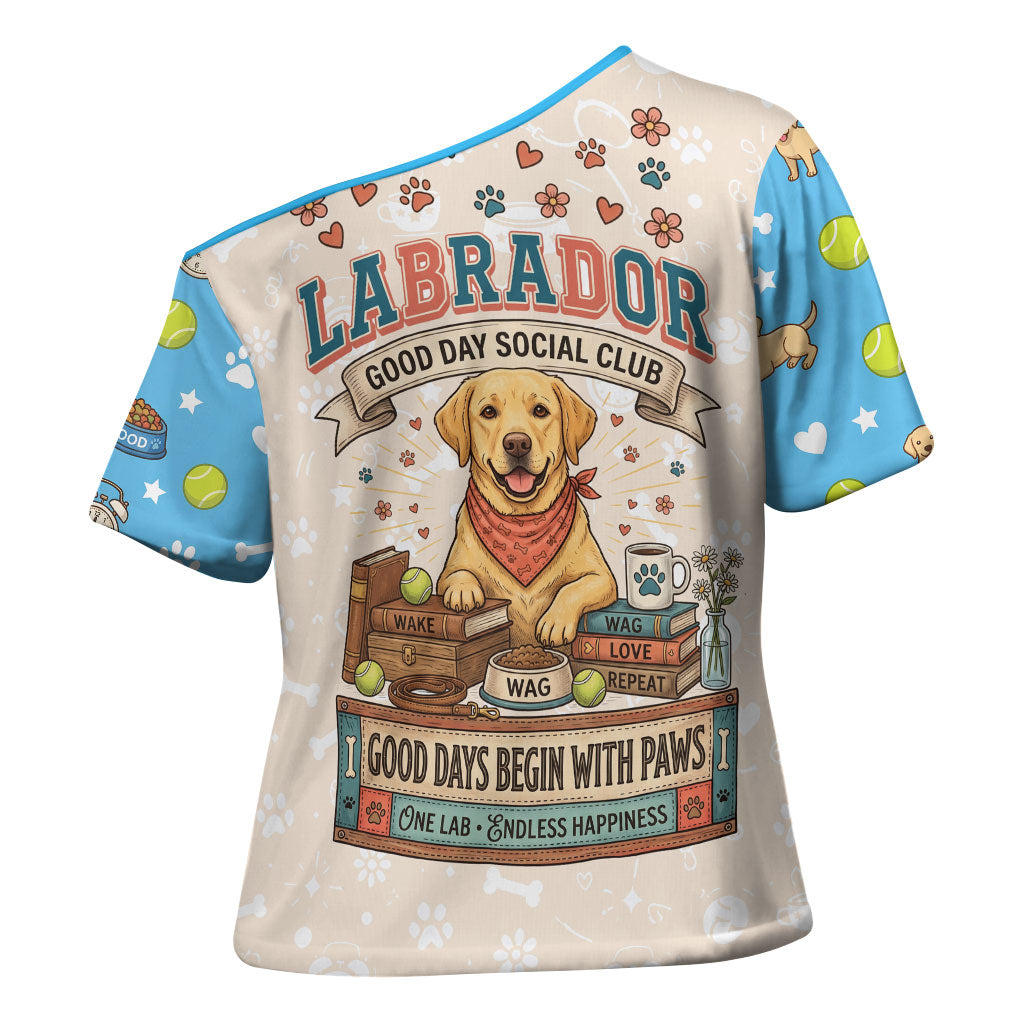 Labrador Good Days Start With A Lab Cross Shoulder Shirt Retro Cute Yellow Lab Paws And Tennis Balls