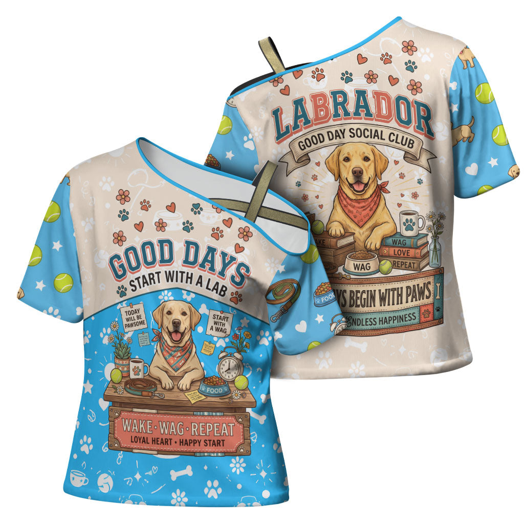 Labrador Good Days Start With A Lab Cross Shoulder Shirt Retro Cute Yellow Lab Paws And Tennis Balls