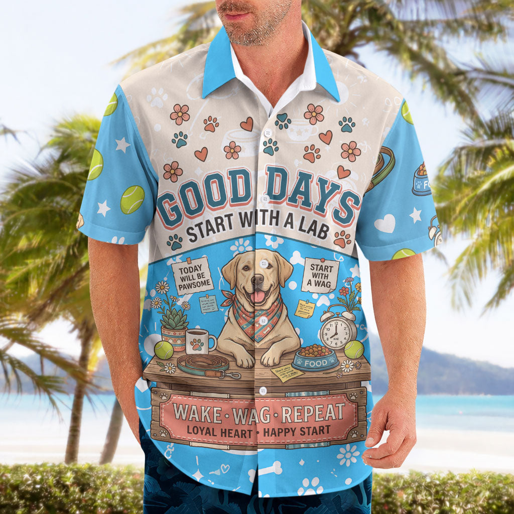 Labrador Good Days Start With A Lab Hawaiian Shirt Retro Cute Yellow Lab Paws And Tennis Balls