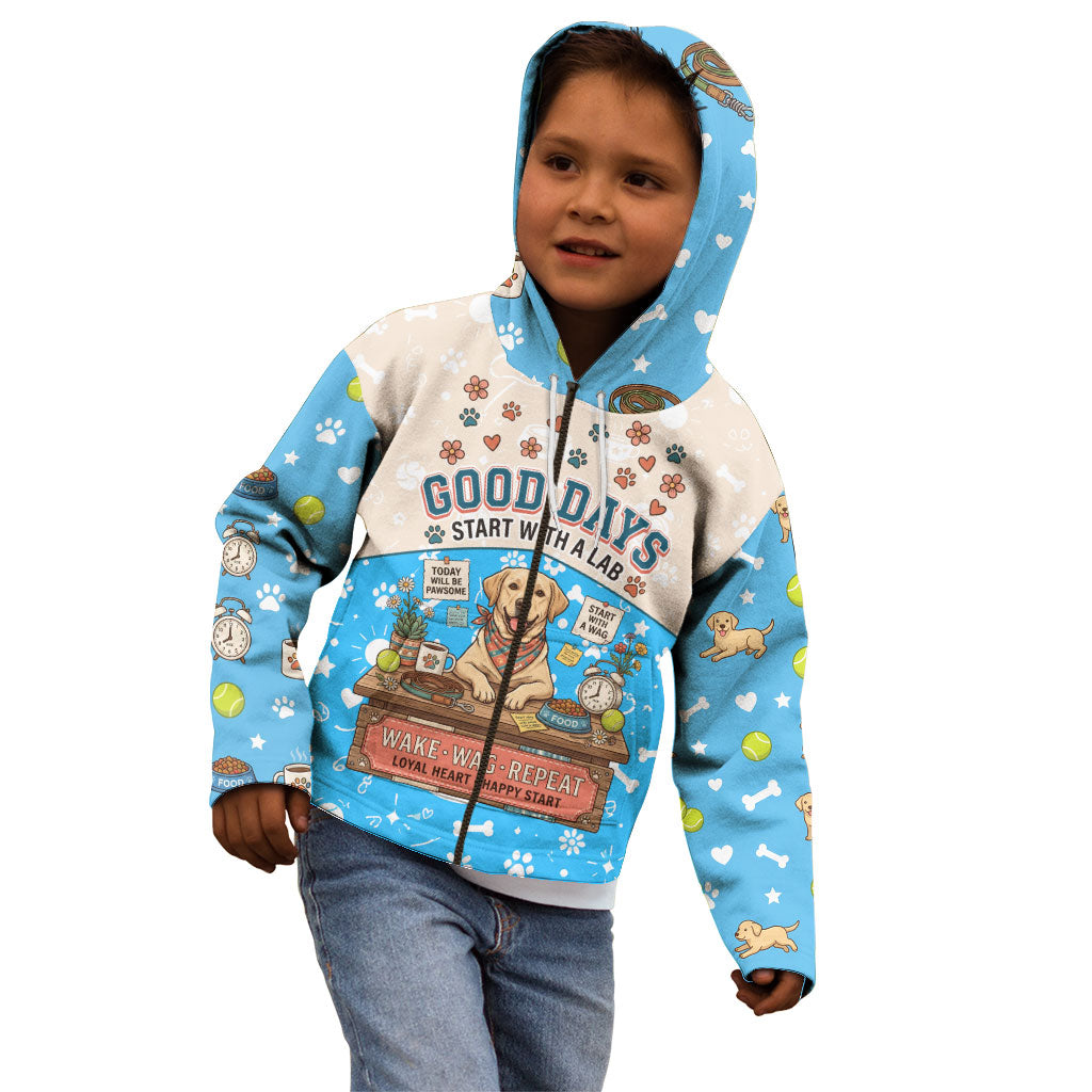 Labrador Good Days Start With A Lab Kid Hoodie Retro Cute Yellow Lab Paws And Tennis Balls
