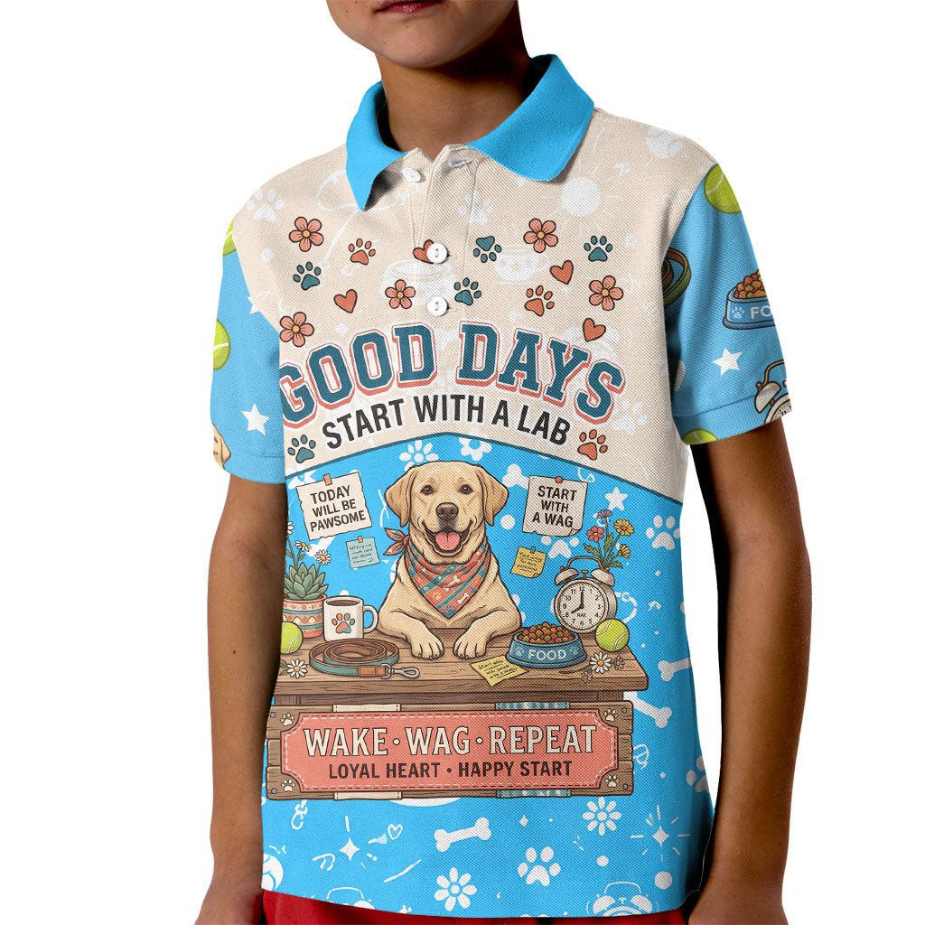 Labrador Good Days Start With A Lab Kid Polo Shirt Retro Cute Yellow Lab Paws And Tennis Balls