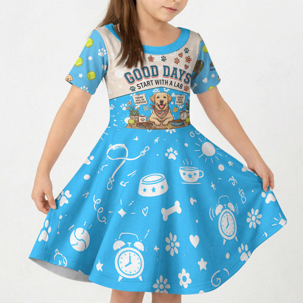 Labrador Good Days Start With A Lab Kid Short Sleeve Dress Retro Cute Yellow Lab Paws And Tennis Balls