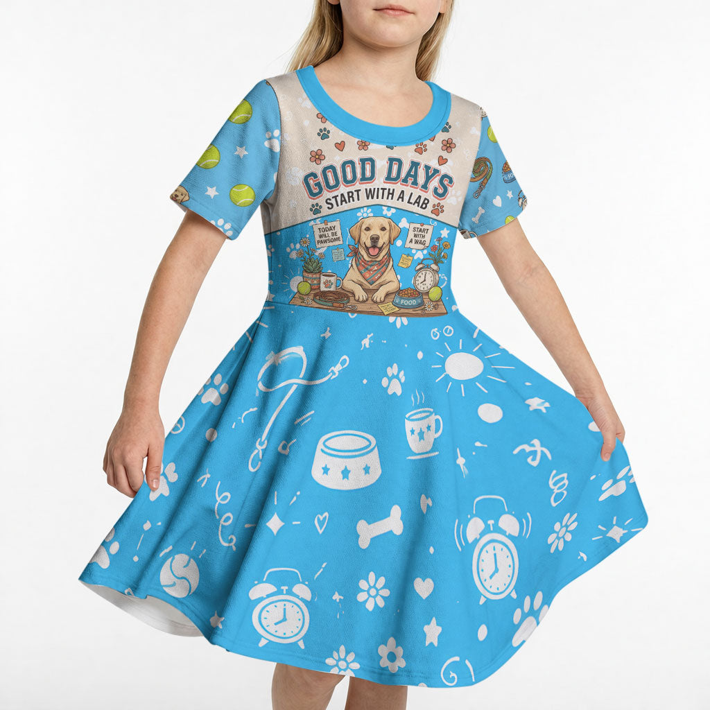 Labrador Good Days Start With A Lab Kid Short Sleeve Dress Retro Cute Yellow Lab Paws And Tennis Balls