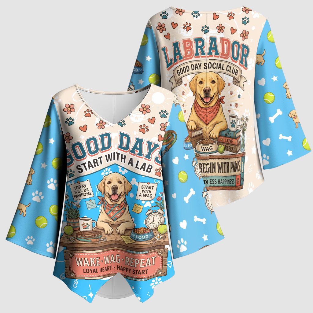 Labrador Good Days Start With A Lab Kimono Sleeve Blouse Retro Cute Yellow Lab Paws And Tennis Balls