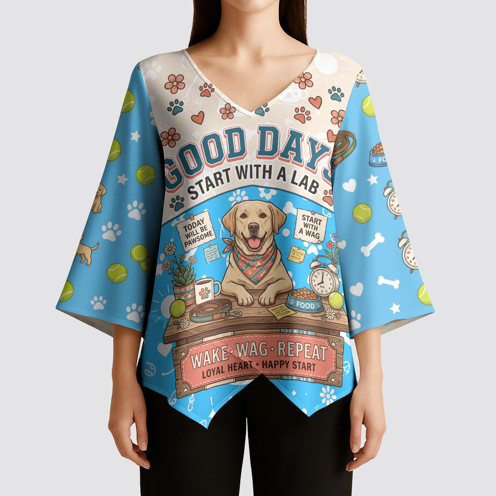 Labrador Good Days Start With A Lab Kimono Sleeve Blouse Retro Cute Yellow Lab Paws And Tennis Balls