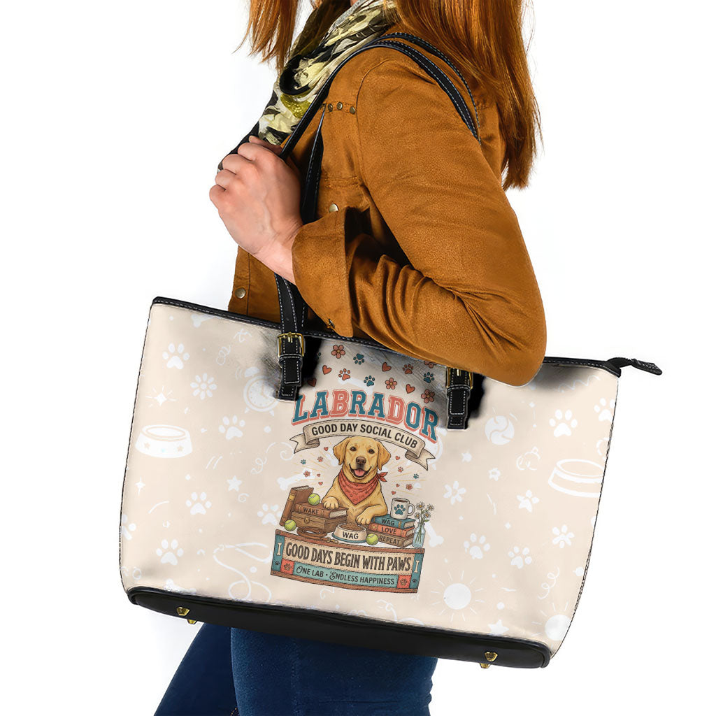Labrador Good Days Start With A Lab Leather Tote Bag Retro Cute Yellow Lab Paws And Tennis Balls