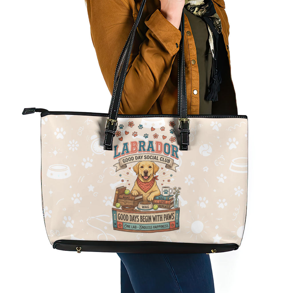 Labrador Good Days Start With A Lab Leather Tote Bag Retro Cute Yellow Lab Paws And Tennis Balls