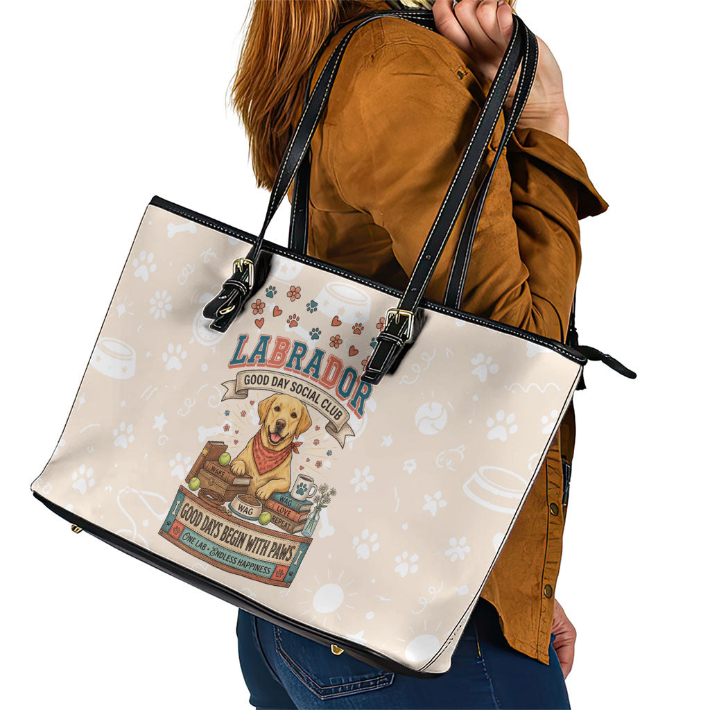 Labrador Good Days Start With A Lab Leather Tote Bag Retro Cute Yellow Lab Paws And Tennis Balls