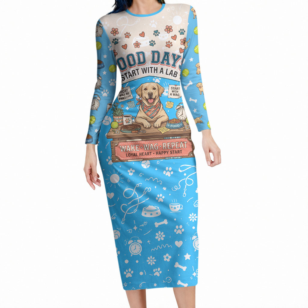Labrador Good Days Start With A Lab Long Sleeve Bodycon Dress Retro Cute Yellow Lab Paws And Tennis Balls