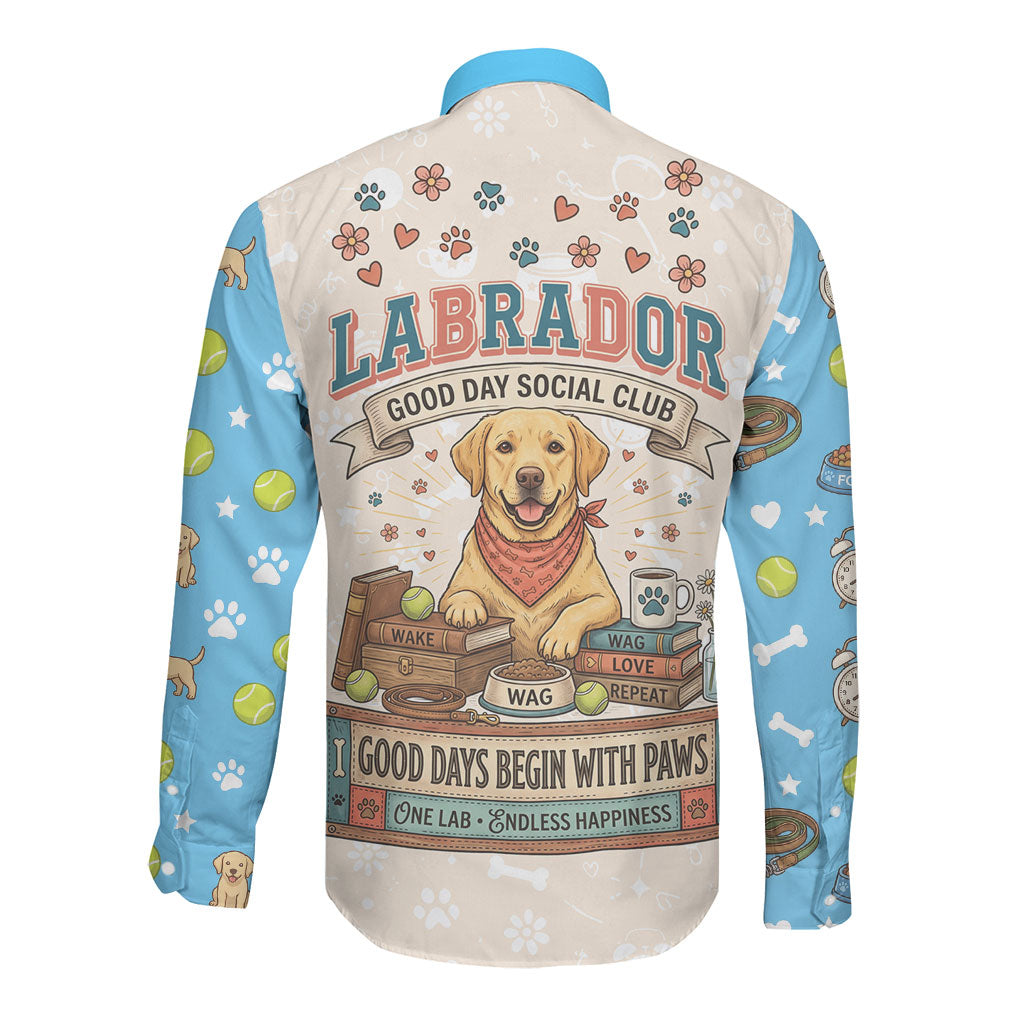 Labrador Good Days Start With A Lab Long Sleeve Button Shirt Retro Cute Yellow Lab Paws And Tennis Balls