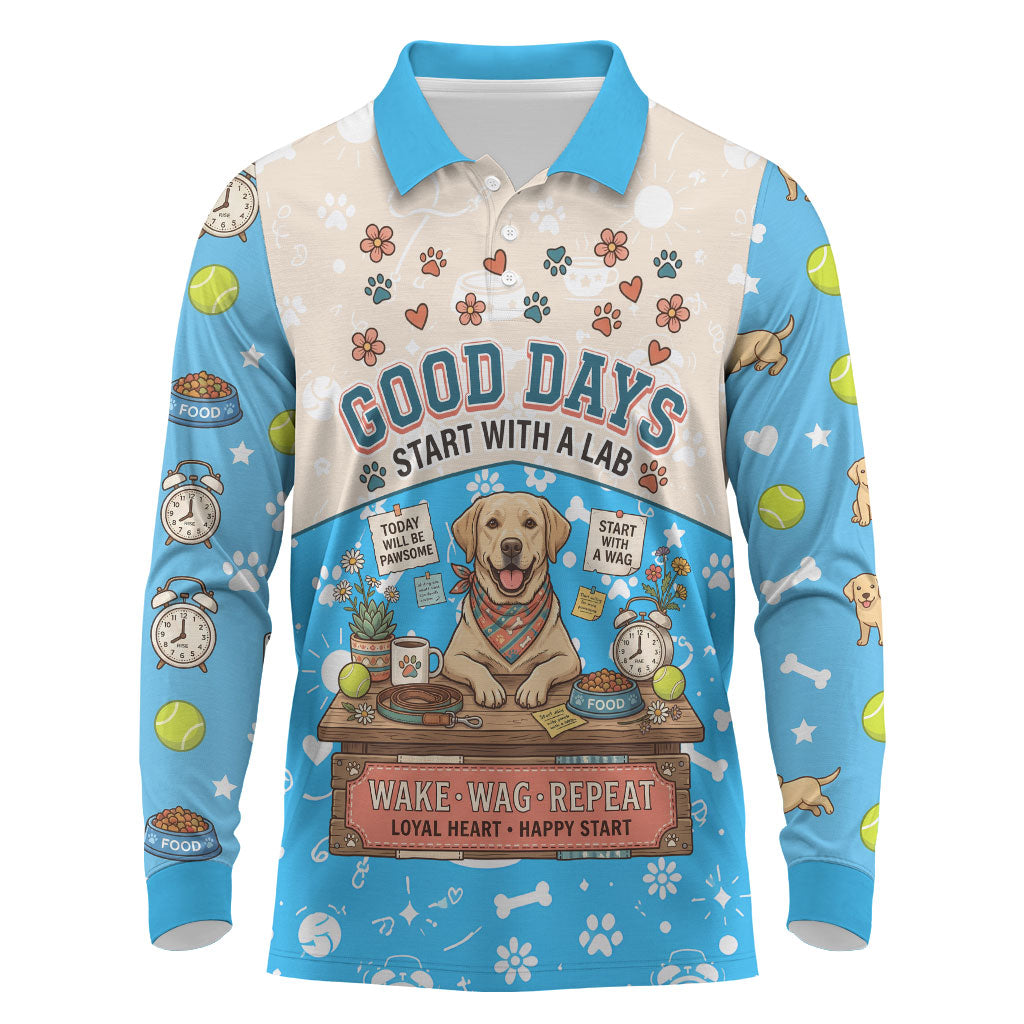 Labrador Good Days Start With A Lab Long Sleeve Polo Shirt Retro Cute Yellow Lab Paws And Tennis Balls