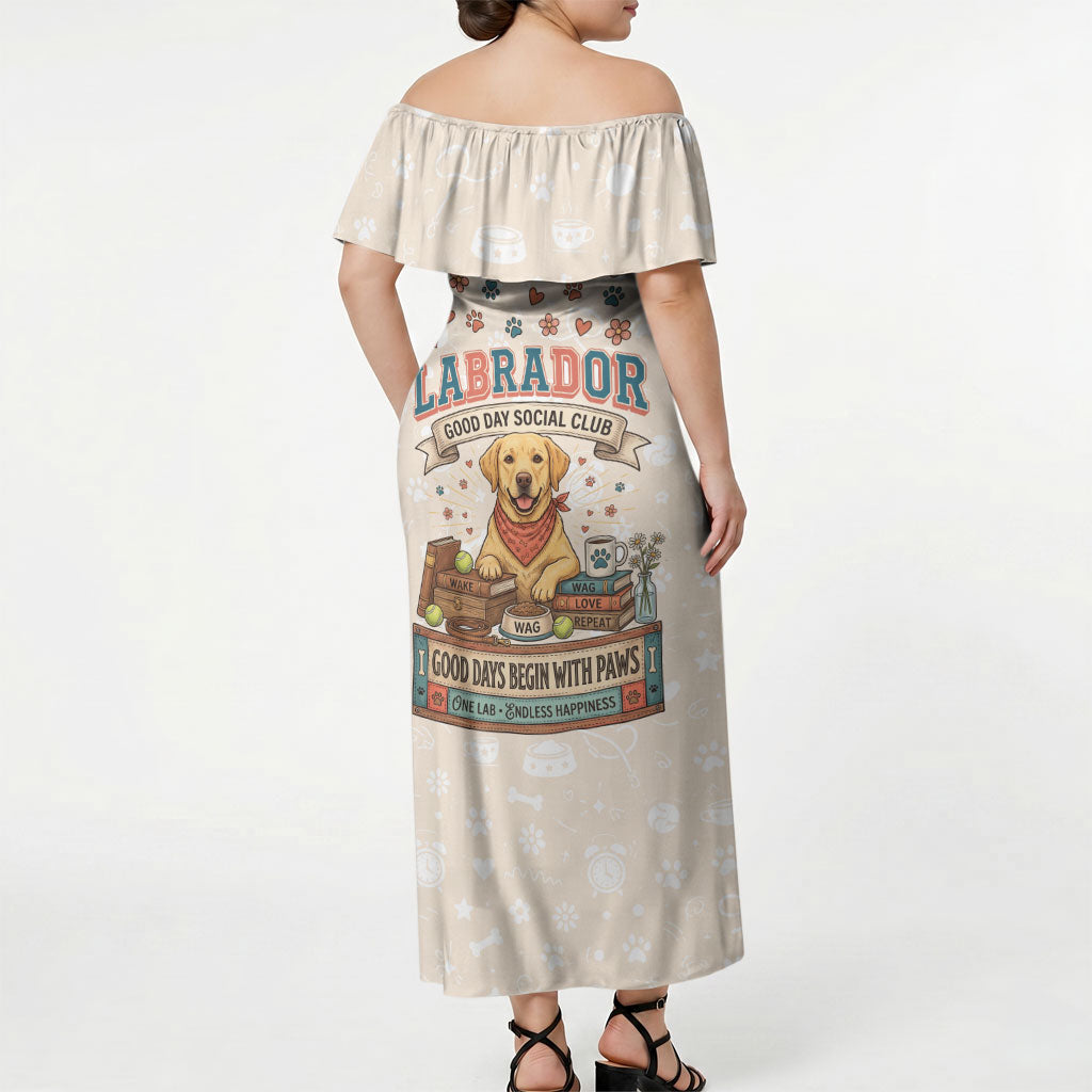 Labrador Good Days Start With A Lab Off Shoulder Maxi Dress Retro Cute Yellow Lab Paws And Tennis Balls