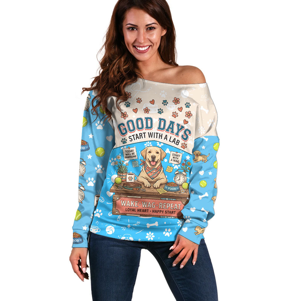 Labrador Good Days Start With A Lab Off Shoulder Sweater Retro Cute Yellow Lab Paws And Tennis Balls