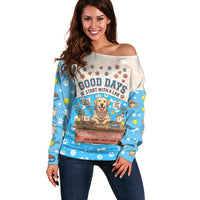 Labrador Good Days Start With A Lab Off Shoulder Sweater Retro Cute Yellow Lab Paws And Tennis Balls