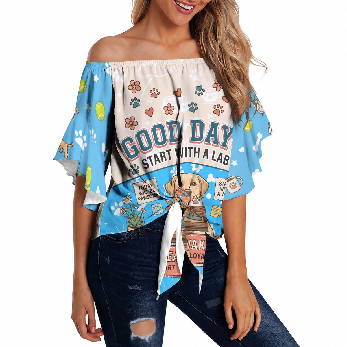 Labrador Good Days Start With A Lab Off Shoulder Wrap Waist Top Retro Cute Yellow Lab Paws And Tennis Balls