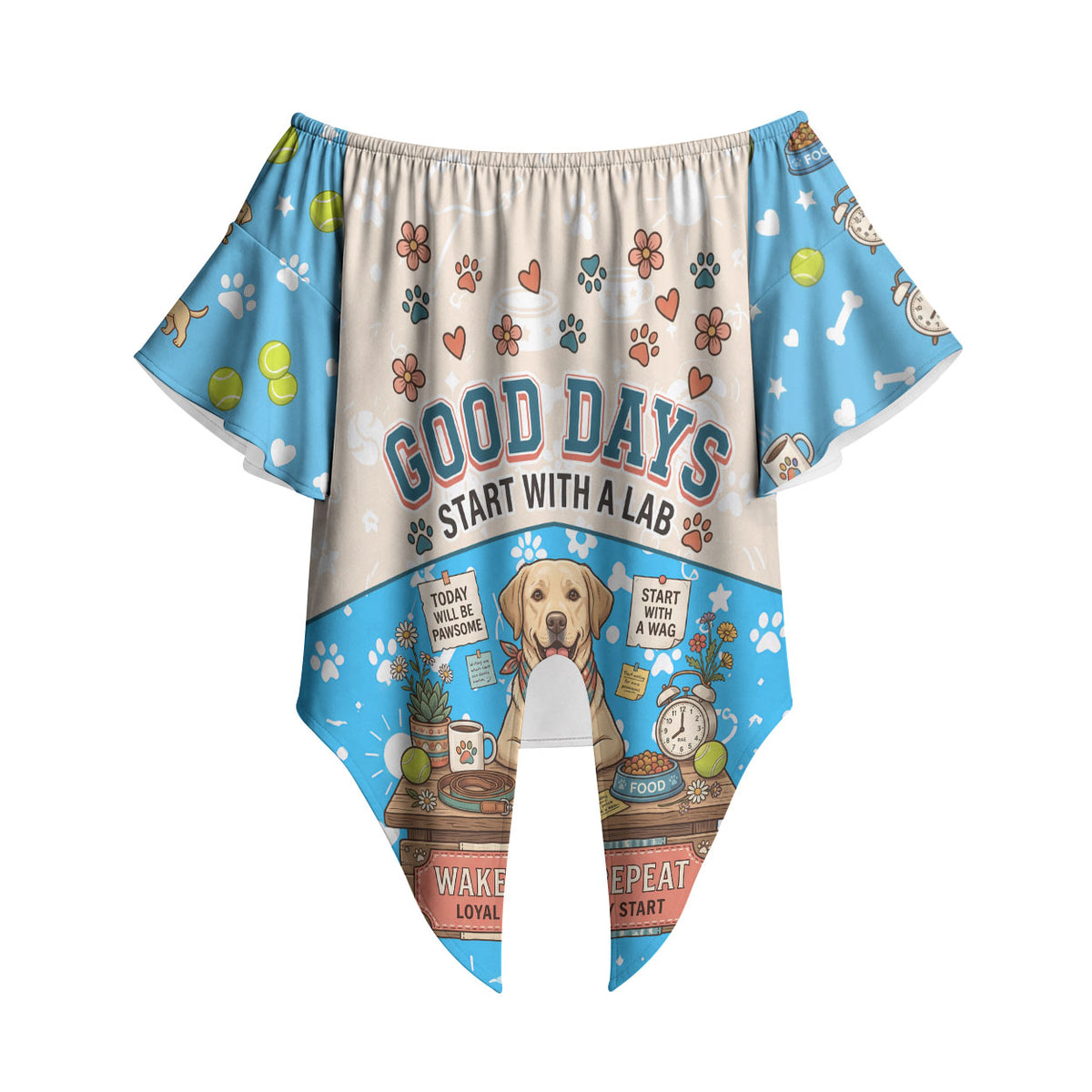 Labrador Good Days Start With A Lab Off Shoulder Wrap Waist Top Retro Cute Yellow Lab Paws And Tennis Balls