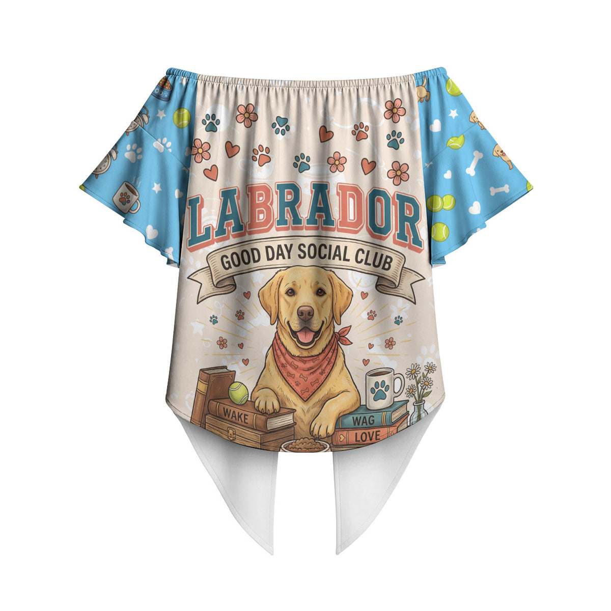 Labrador Good Days Start With A Lab Off Shoulder Wrap Waist Top Retro Cute Yellow Lab Paws And Tennis Balls