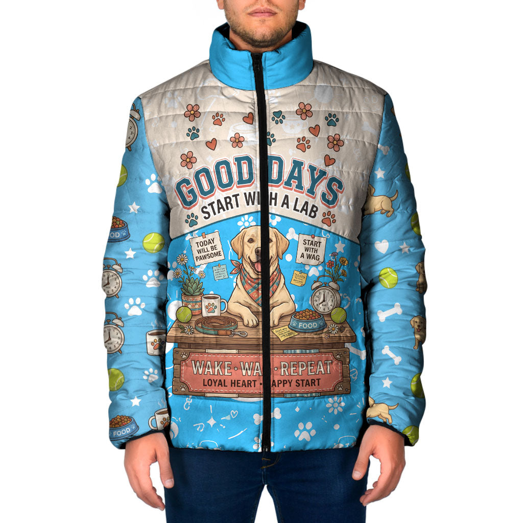 Labrador Good Days Start With A Lab Padded Jacket Retro Cute Yellow Lab Paws And Tennis Balls
