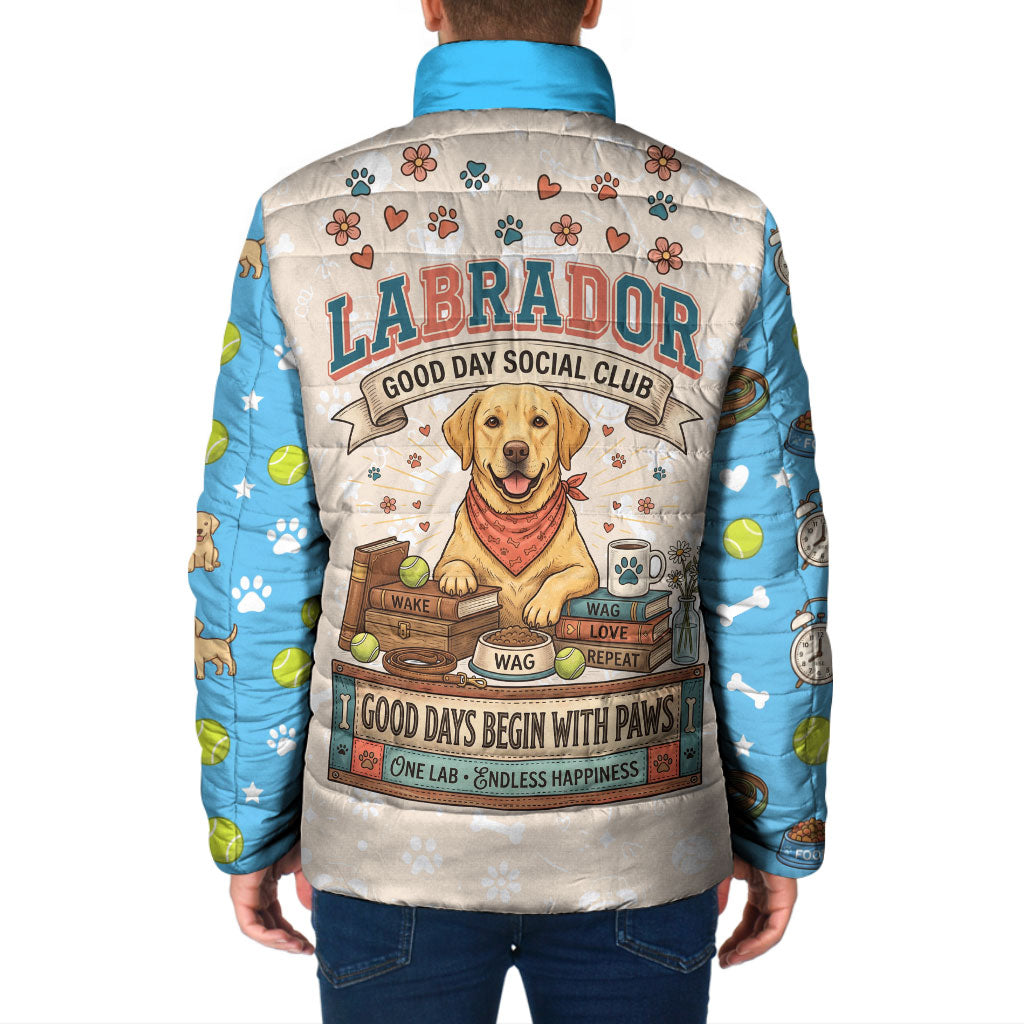 Labrador Good Days Start With A Lab Padded Jacket Retro Cute Yellow Lab Paws And Tennis Balls