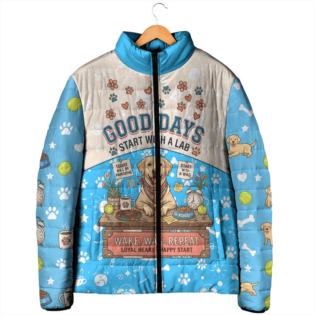 Labrador Good Days Start With A Lab Padded Jacket Retro Cute Yellow Lab Paws And Tennis Balls