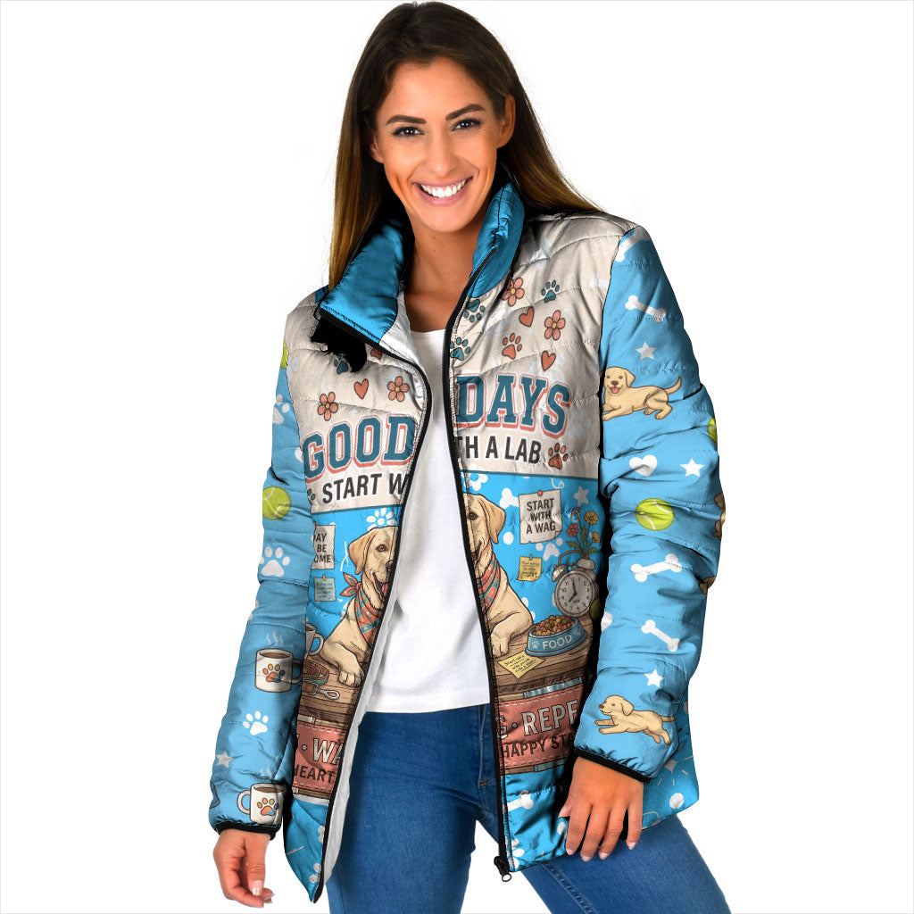 Labrador Good Days Start With A Lab Padded Jacket Retro Cute Yellow Lab Paws And Tennis Balls