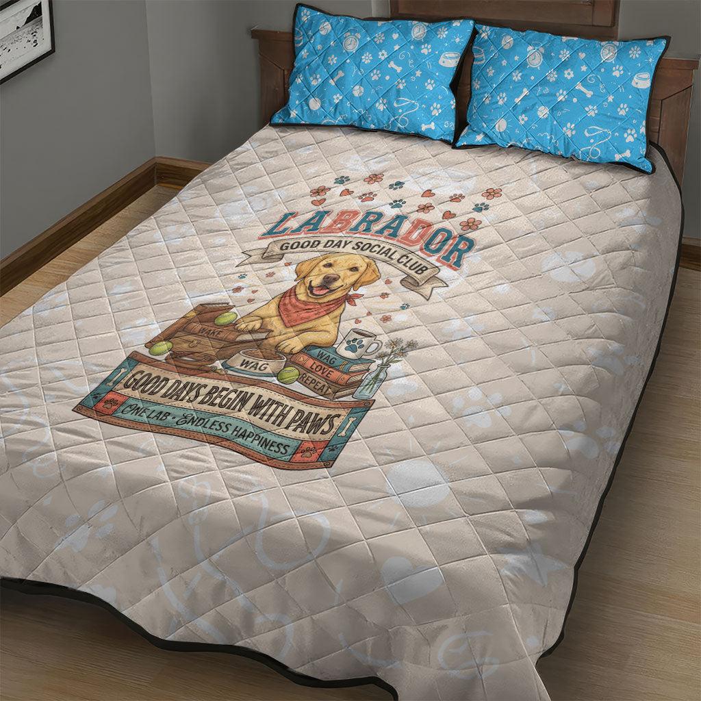 Labrador Good Days Start With A Lab Quilt Bed Set Retro Cute Yellow Lab Paws And Tennis Balls