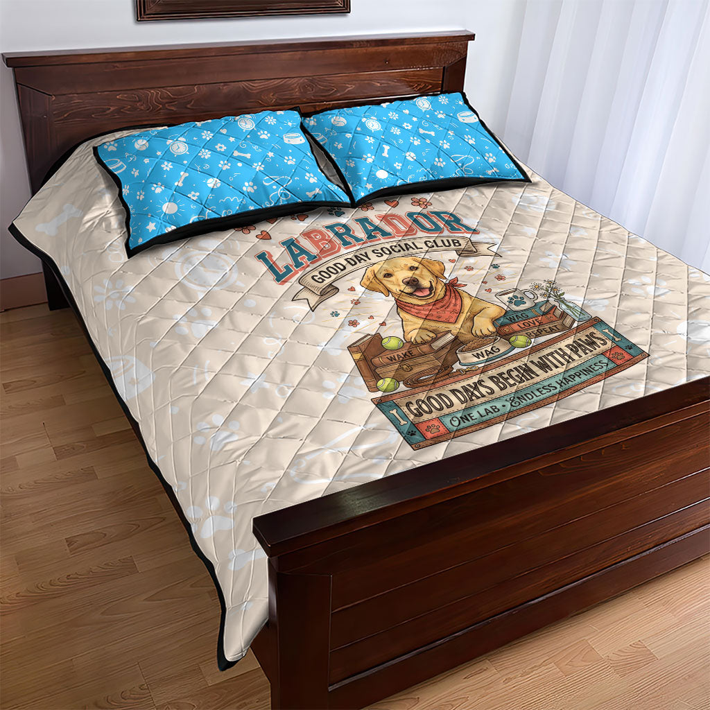 Labrador Good Days Start With A Lab Quilt Bed Set Retro Cute Yellow Lab Paws And Tennis Balls