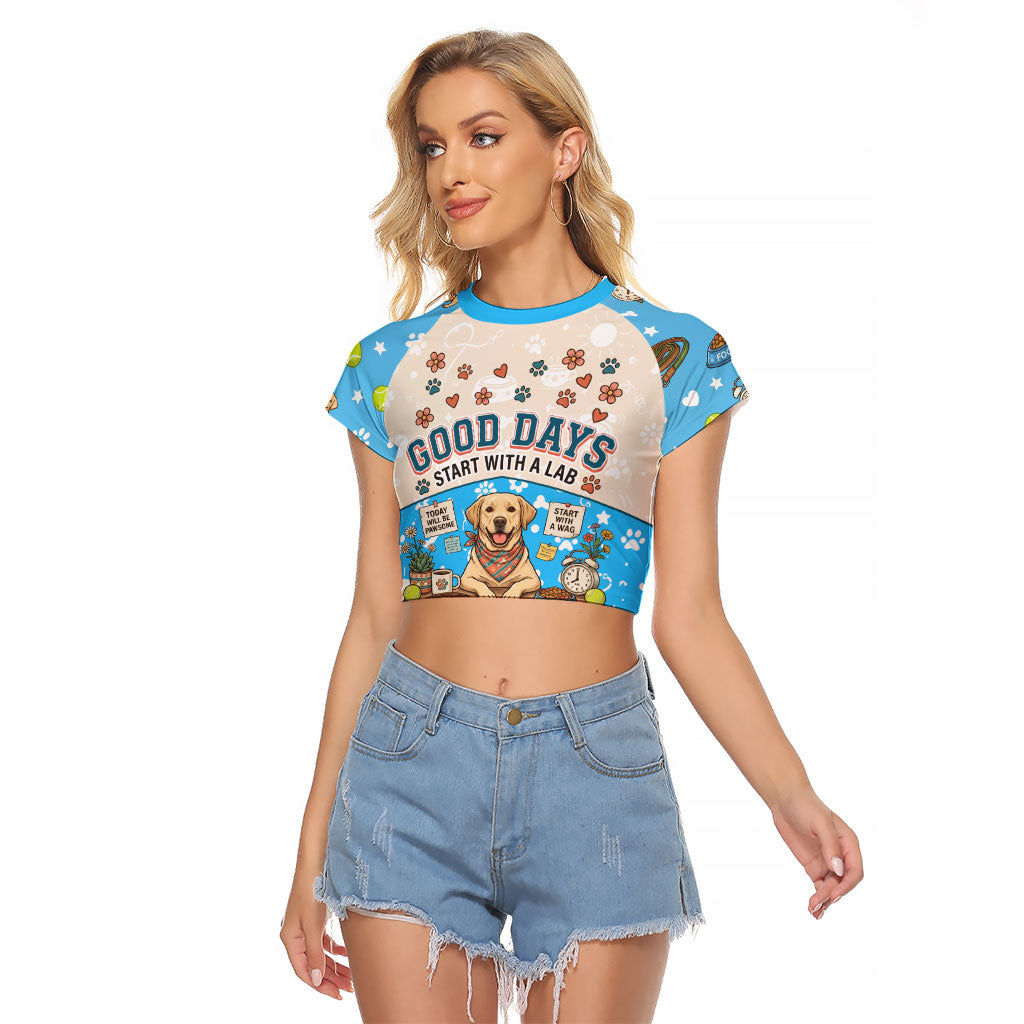 Labrador Good Days Start With A Lab Raglan Cropped T Shirt Retro Cute Yellow Lab Paws And Tennis Balls