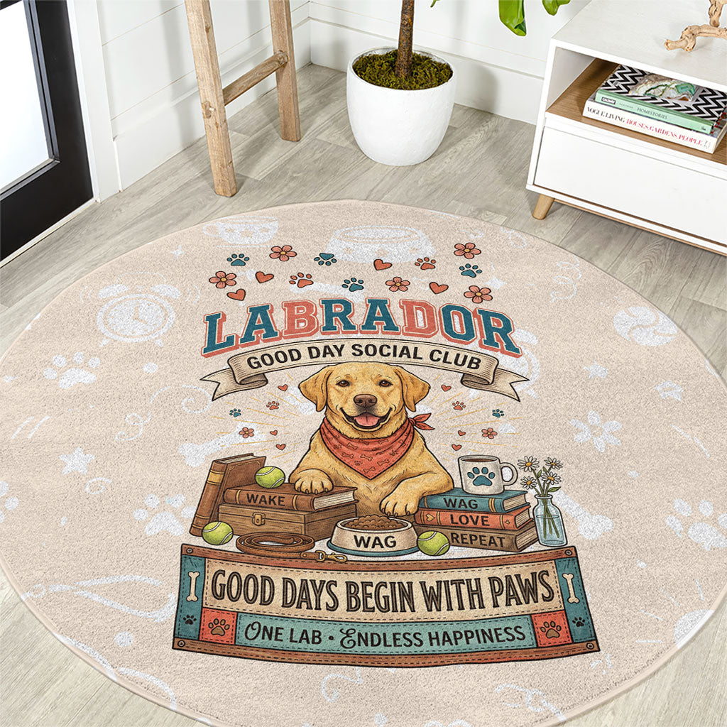 Labrador Good Days Start With A Lab Round Carpet Retro Cute Yellow Lab Paws And Tennis Balls