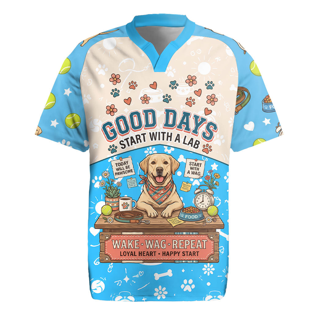 Labrador Good Days Start With A Lab Rugby Jersey Retro Cute Yellow Lab Paws And Tennis Balls