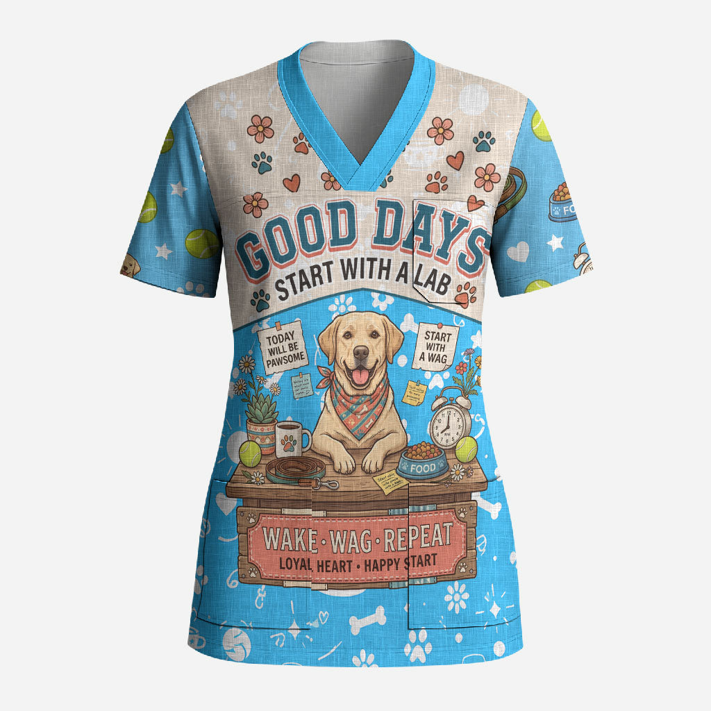 Labrador Good Days Start With A Lab Scrub Top Retro Cute Yellow Lab Paws And Tennis Balls