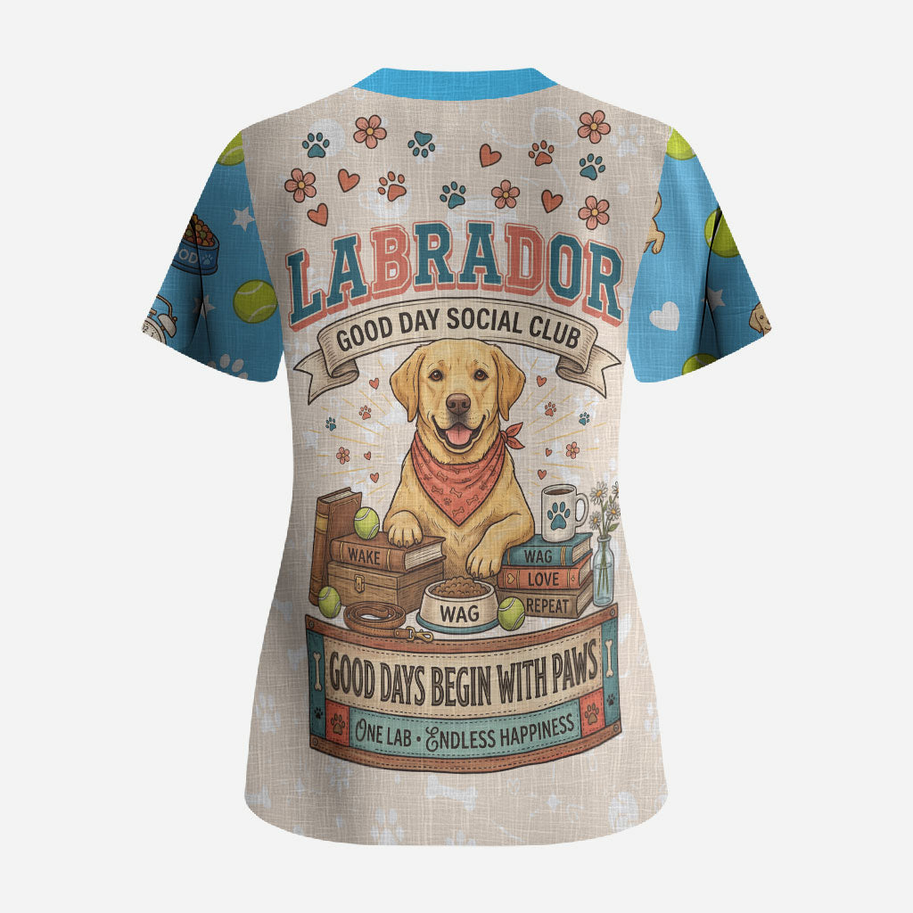 Labrador Good Days Start With A Lab Scrub Top Retro Cute Yellow Lab Paws And Tennis Balls