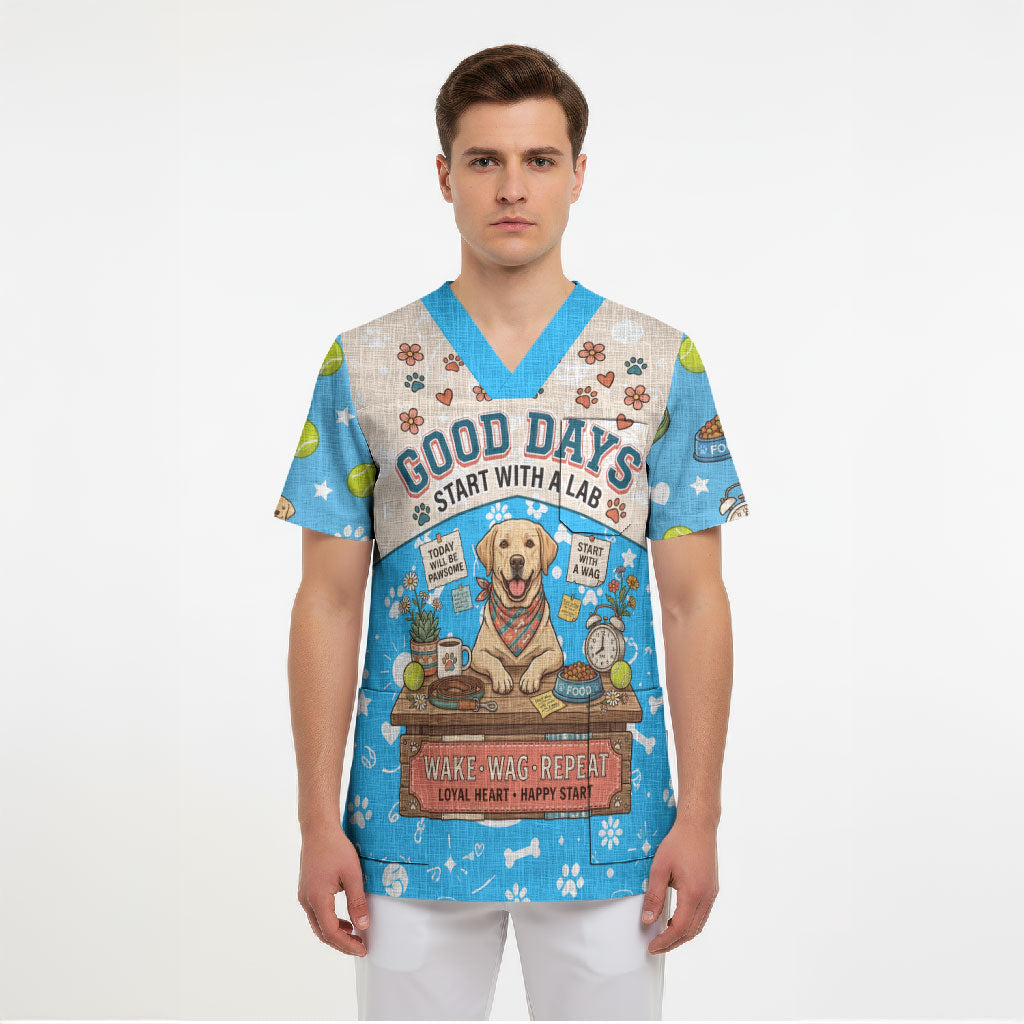 Labrador Good Days Start With A Lab Scrub Top Retro Cute Yellow Lab Paws And Tennis Balls