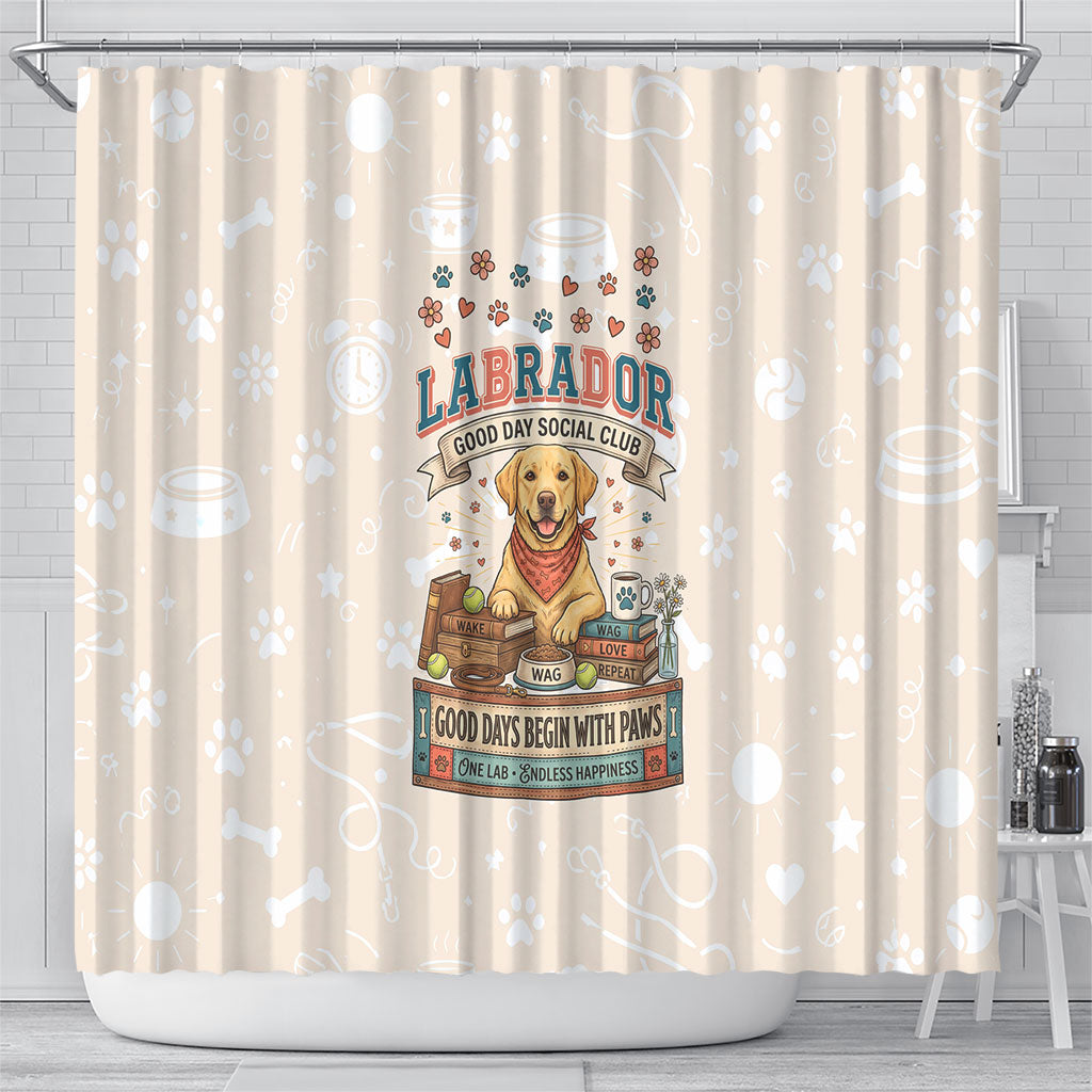 Labrador Good Days Start With A Lab Shower Curtain Retro Cute Yellow Lab Paws And Tennis Balls