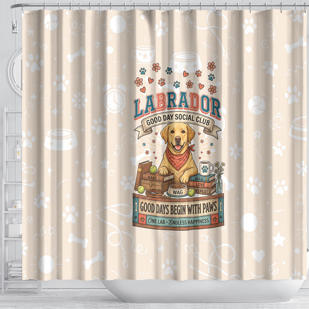 Labrador Good Days Start With A Lab Shower Curtain Retro Cute Yellow Lab Paws And Tennis Balls