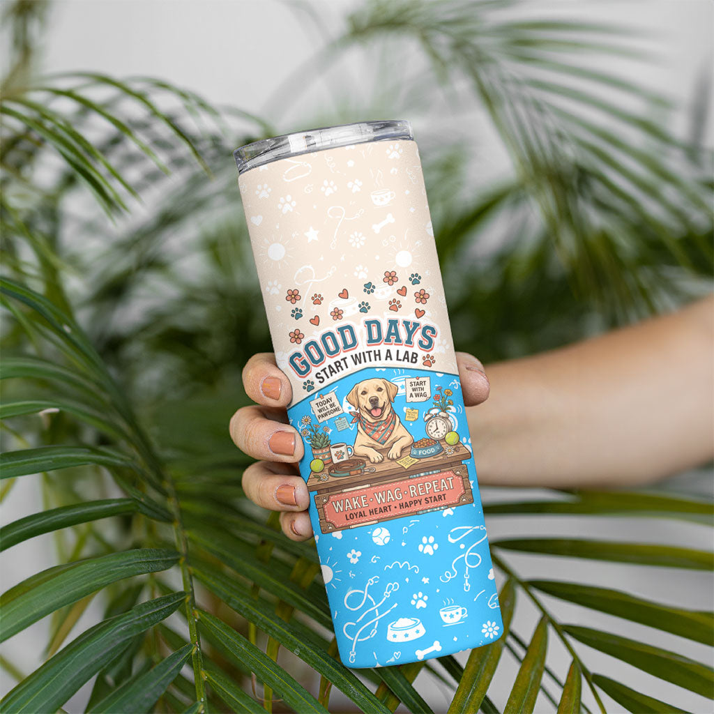 Labrador Good Days Start With A Lab Skinny Tumbler Retro Cute Yellow Lab Paws And Tennis Balls
