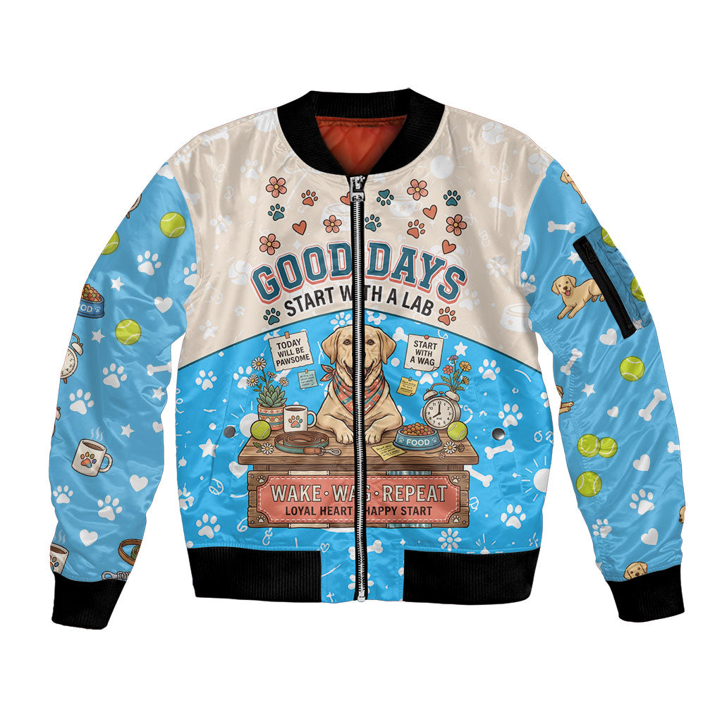 Labrador Good Days Start With A Lab Sleeve Zip Bomber Jacket Retro Cute Yellow Lab Paws And Tennis Balls