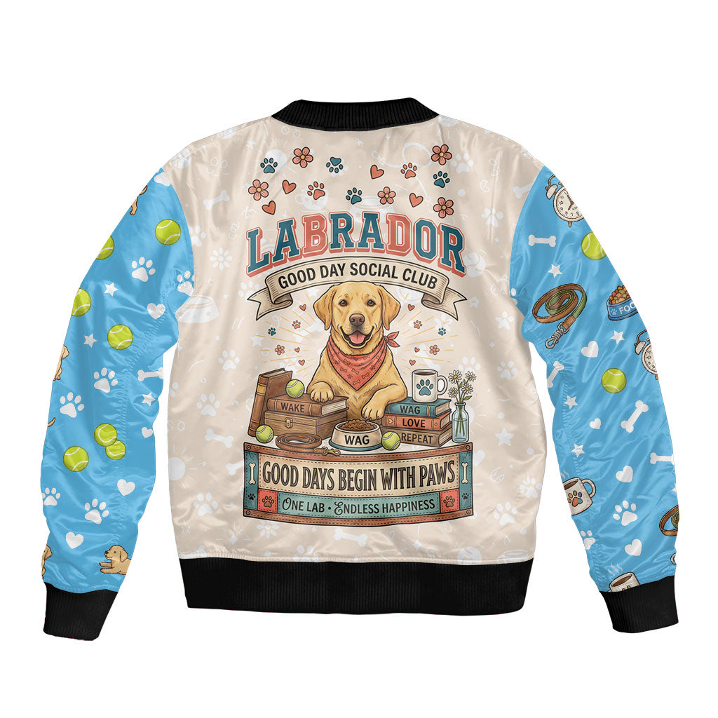 Labrador Good Days Start With A Lab Sleeve Zip Bomber Jacket Retro Cute Yellow Lab Paws And Tennis Balls
