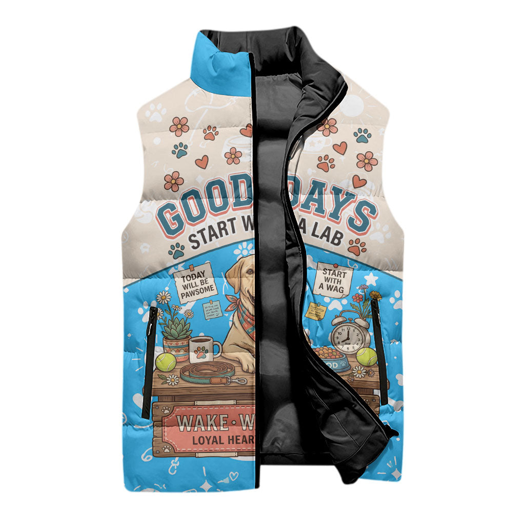 Labrador Good Days Start With A Lab Sleeveless Puffer Jacket Retro Cute Yellow Lab Paws And Tennis Balls