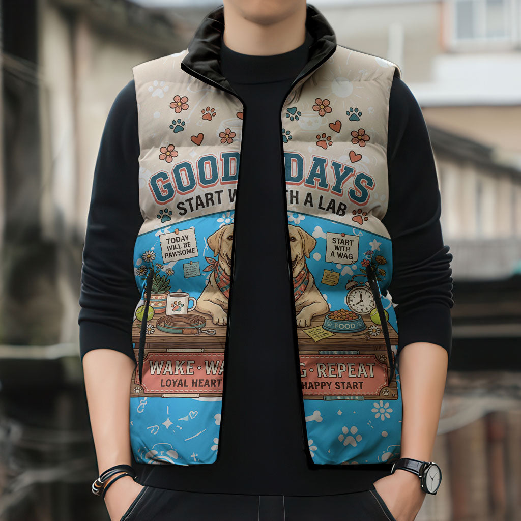 Labrador Good Days Start With A Lab Sleeveless Puffer Jacket Retro Cute Yellow Lab Paws And Tennis Balls