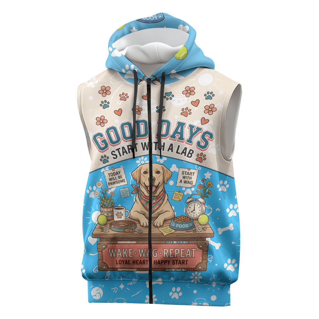 Labrador Good Days Start With A Lab Sleeveless Zip Hoodie Retro Cute Yellow Lab Paws And Tennis Balls
