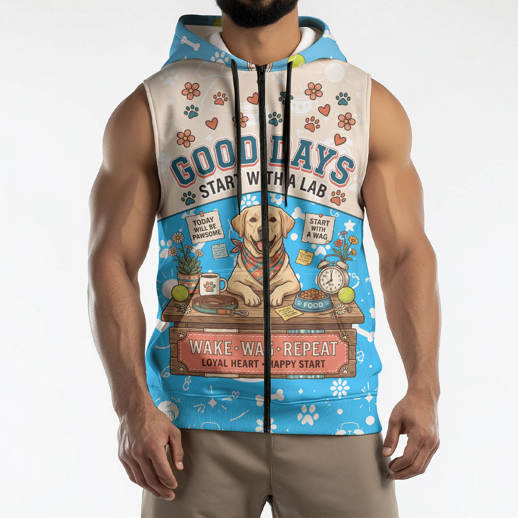 Labrador Good Days Start With A Lab Sleeveless Zip Hoodie Retro Cute Yellow Lab Paws And Tennis Balls