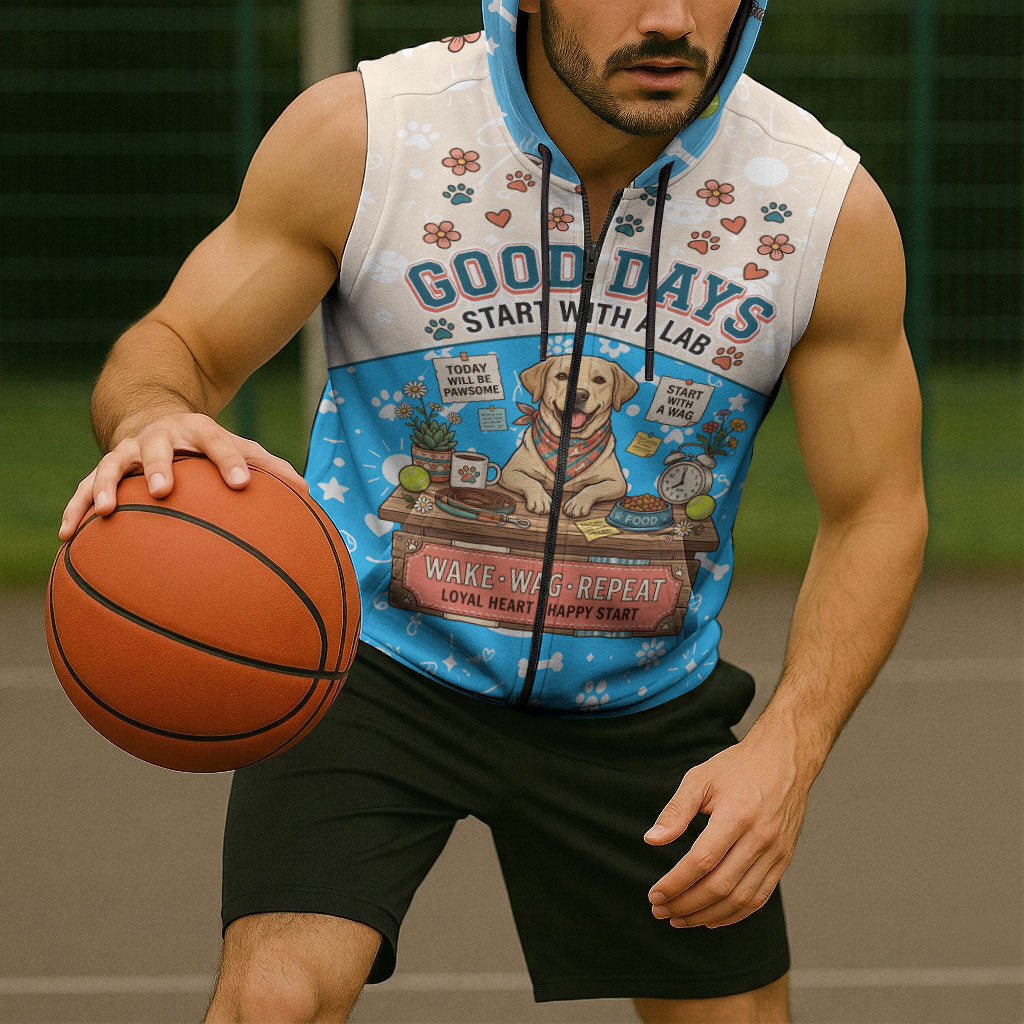 Labrador Good Days Start With A Lab Sleeveless Zip Hoodie Retro Cute Yellow Lab Paws And Tennis Balls