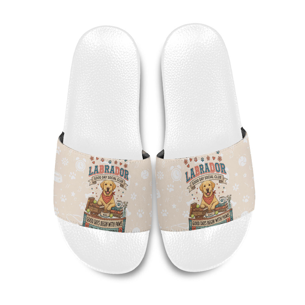 Labrador Good Days Start With A Lab Slide Sandals Retro Cute Yellow Lab Paws And Tennis Balls